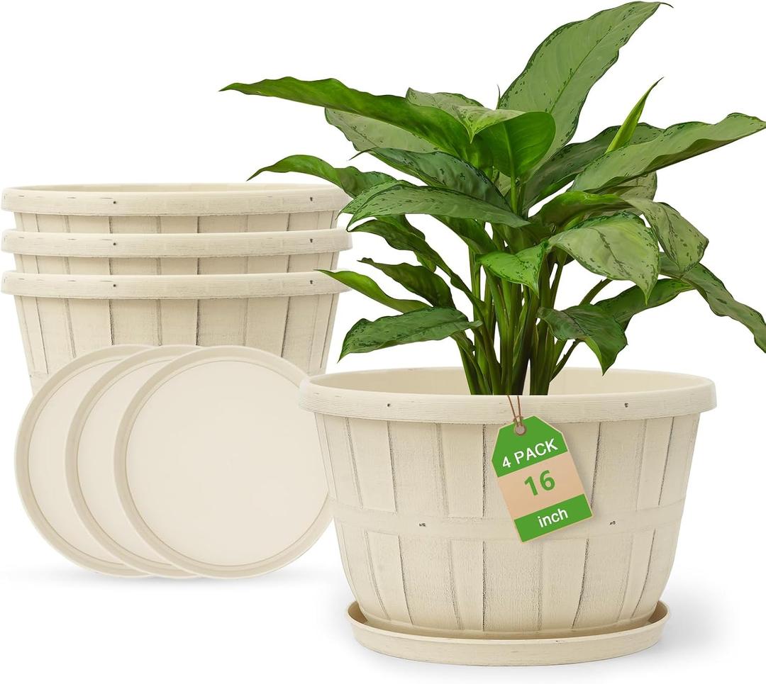 Quarut Plant Planters Pots Set of 4 Pack 16 InchLarge Plastic Flower Pot for Indoor Plants with Drainage Holes & Trays, Whiskey Barrel Planters with Saucer for House Outdoor Garden PlantWhite