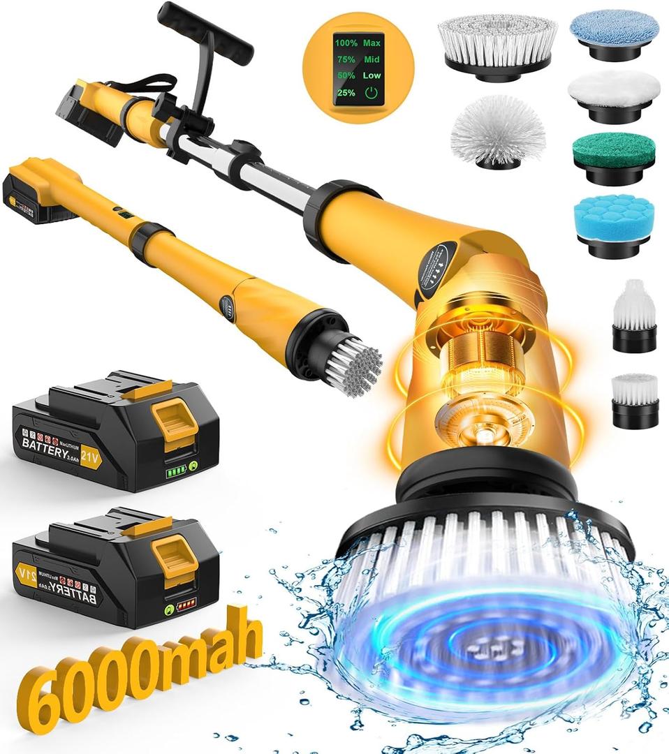 Qimedo Electric Spin Scrubber Extra Large Brush Q3,6000 mAh Best Battery Power Scrubber for Cleaning,1200RPM Shower Cordless Cleaning Brush with 8 Brushes for Bath/Tub/Tile/Floor (Smart Display) (Scrubber with 50-inch Handle, Yellow)