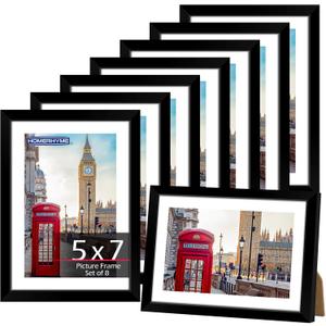 HOMERHYME 5x7 Picture Frame Set 8 Pack, Black Picture Frames for Wall or Tabletop Display, Fits Pictures 4x6 with Mat or 5x7 Without Mat, Poster Photo Frame with Plexiglass for Gallery Home Wall Decor