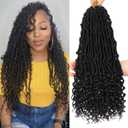 Leeven 7 Packs Faux Locs With Curly Ends 18 Inch Pre-looped Goddess Locs Crochet Hair 84 Strands Natural Black Crochet Bohemian Soft Locs Braiding Hair Extensions With Curls for Women 1B#