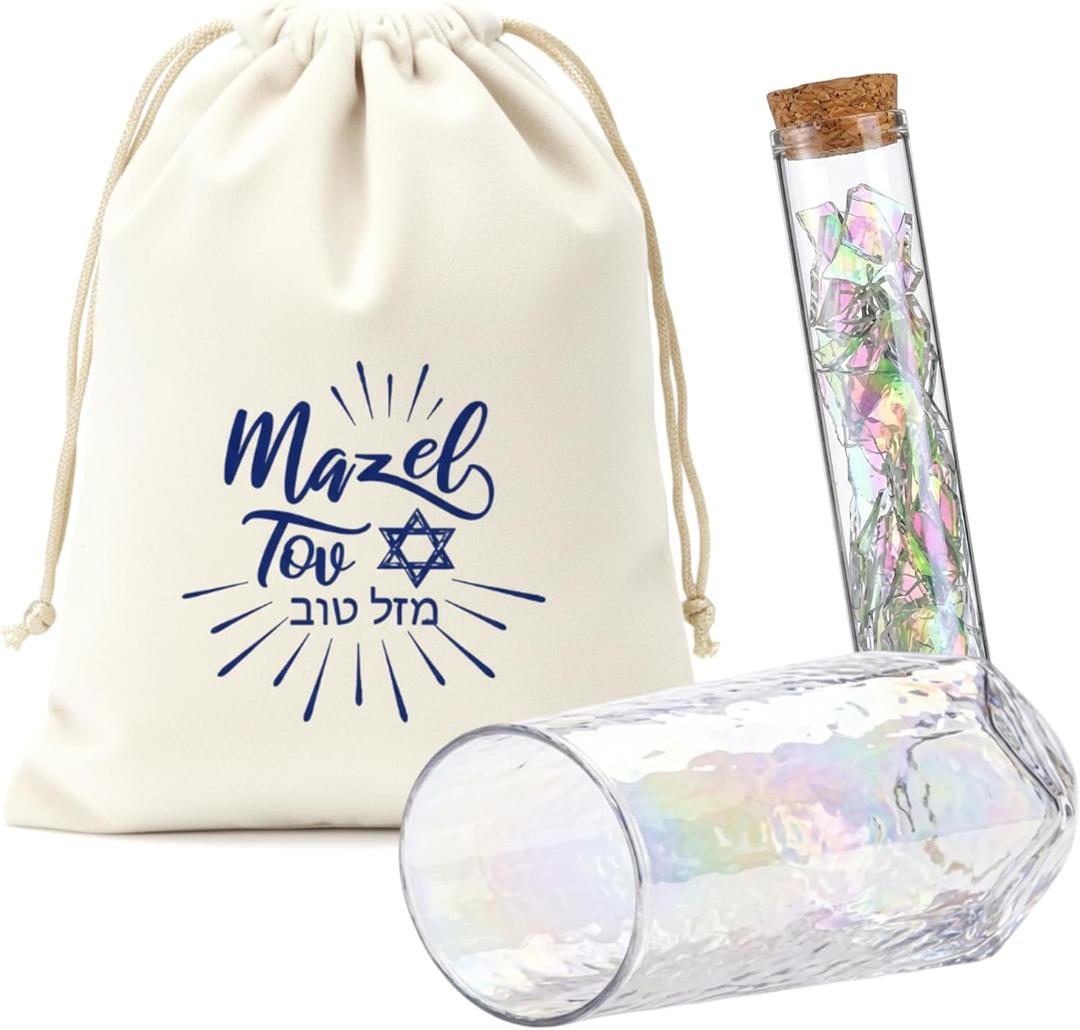 3 Pcs Jewish Wedding Chuppah Breaking Glass Jewish Gifts for Couples Engagement Marriage Anniversary Ceremony Glass Souvenir Vessel Groom with Drawstring Bag (White)