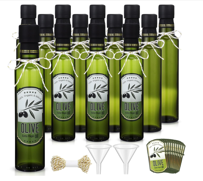 Reallnaive 12 Pcs 8 oz Mini Olive Oil Bottles Empty Sauce Condiment Bottles with Dropper Inserts and Sticker Seals Caps for Gifts Kitchen