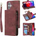 RANYOK Wallet Case Compatible with iPhone 17 Case, with 6 Card Holder RFID Blocking, PU Leather Zipper Flip Wallet Pocket, Kickstand, Wrist Strap | Protective Phone Cover for 17, Wine Red