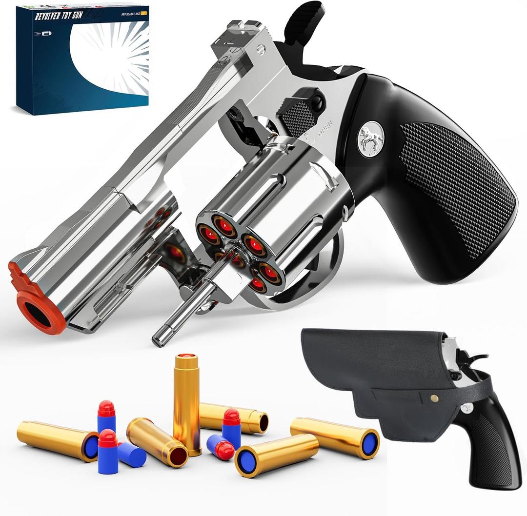 Revolver Toy Gun with Holster Silver - Soft Bullet Western Cowboy Prop Revolver Gun Plastic Play Guns Pistol for Kids Boys Age 6+ Foam Blaster CS Toy Rifle Sniper Small Hand Gun Cosplay Shoot Games