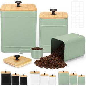 Tioncy Kitchen Canisters for Countertop Set of 3 Metal Canisters Sets with Bamboo Lids Spoon Airtight High Capacity Coffee Tea Sugar Flour Jars with DIY Labels Farmhouse Food Storage(Green,L,M,S)