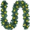 Lyrow 9 ft Christmas Garland with 50 LED Light Battery Operated String Light Waterproof Lighted Outdoor Christmas Garland for Stair Mantle Fireplace Front Porch Indoor, Warm White(1 Pcs)