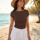 ZESICA Women's Summer Boat Neck Short Sleeve T Shirts 2026 Spring Slim Fit Y2k Going Out Crop Tops Basic Trendy Outfits, Brown, XL (Brown, XL)