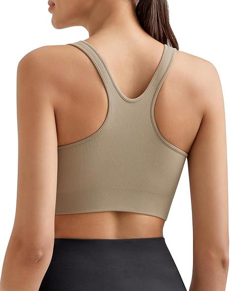 Promover Padded Sports Bras for Women Y-Back Racerback Seamless Medium Supportive Ribbed Yoga Cami Bra, XL