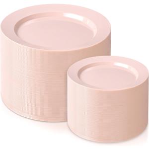FLOWERCAT 200PCS Pink Plastic Plates Disposable Plates for Party - Heavy Duty Plastic Plates - 100 10" Pink Dinner Plates and 100 7" Pink Salad Plates for Weddings, Easter Parties,Mother's Day