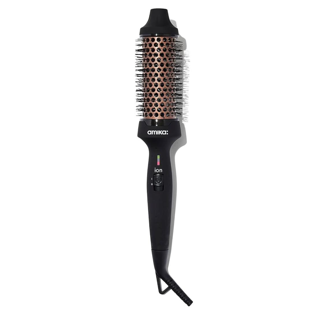 amika blowout babe thermal ionic hairbrush – ionic ceramic round hot styling brush for smoothing & volume, add shine & tame frizz (barrel 1.5″) – styling tool (black)