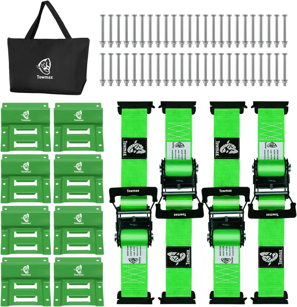 UTV Wheel Chock Tie-Down Kit - 4,500lb Break Strength Heavy Duty Trailer Tire Straps System - 4Pack 2" x 8' E Track Ratchet Straps for SXS, UTV, ATV, Lawn Mower (Bright Green)
