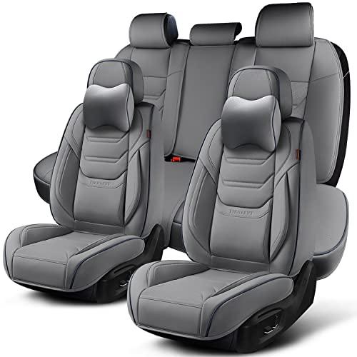 TIEHESYT Gray Car Seat Covers Full Set, Breathable Leather Automotive Front and Rear Seat Covers & Headrest for Reduce the Driving Fatigue, Compatible with Most Vehicles, Cars