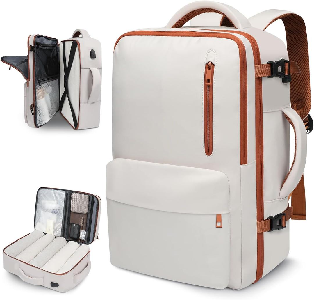 35L Travel Backpack | 180 All-Open Design | Multi-Pockets | Airline Approved Carry on | Backpack Fits 15.6 inch Laptop | Waterproof | USB Charging Port | Expandable Storage for Clothes, Cream