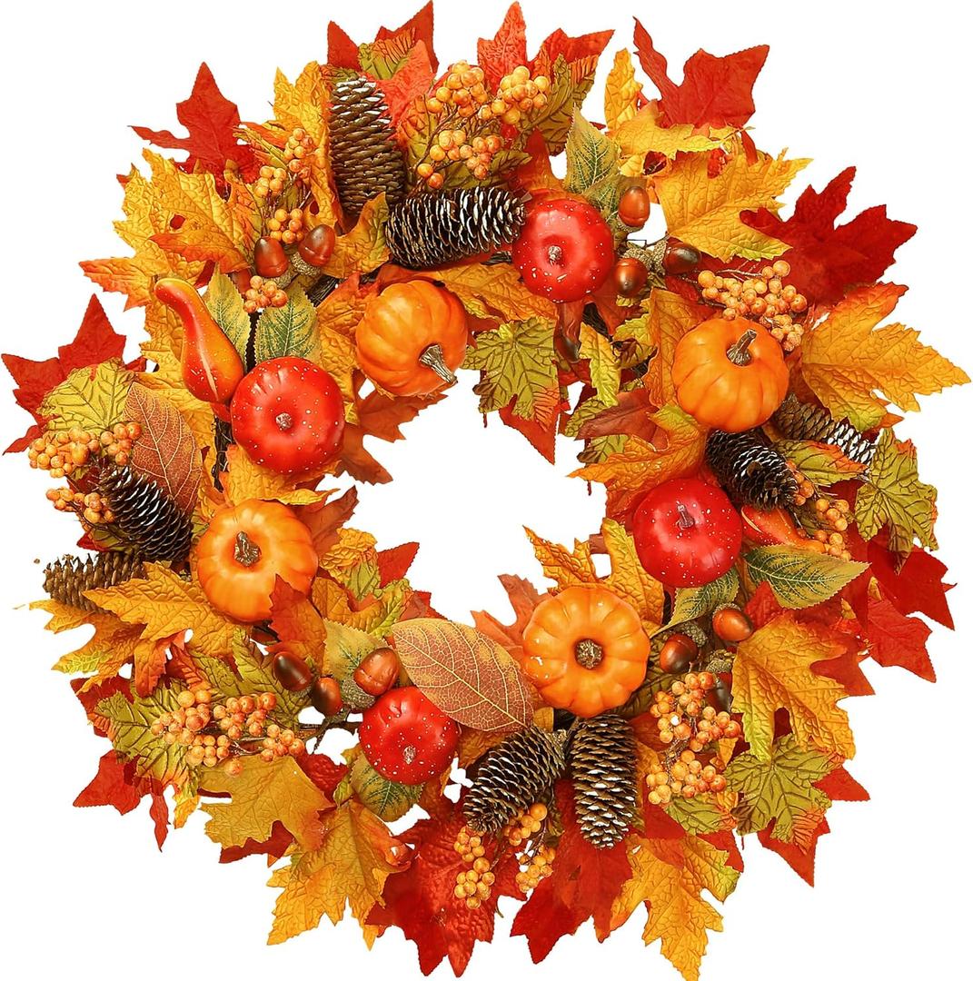 Sggvecsy Fall Wreath 22 Artificial Autumn Front Door Wreath with Pumpkin Cluster of Berries Maple Leaves Pine Cones Acorn for Outside Indoor Wall Window Festival Thanksgiving Harvest Fall Decor
