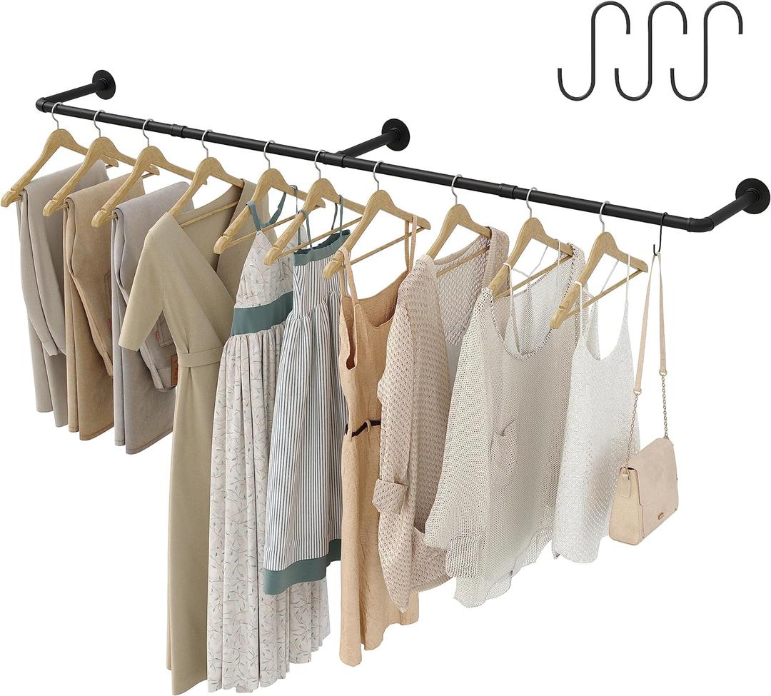 Industrial Pipe Clothes Rack with 3 Hooks, 72'L Wall Mounted Garment Rack, Heavy Duty Iron Garment Bar, Clothes Hanging Rod Bar for Laundry Room, Max Load 135Lb Black (3 Base)