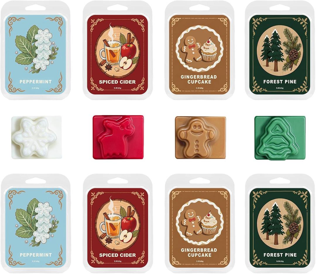 Christmas Wax Melts Wax Cubes Strong Scent Peppermint Snowflake, Gingerbread Man, Spiced Cider, Pine Forest Festive Shapes Soy Cubes For Warmers Winter Wax Melts Set Of 8 Holiday Home Fragrance Gift