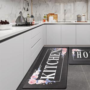 Flowers Home Kitchen Mat Sets 2PCS Non Skid Waterproof Kitchen Rugs and Runner Sets Cushioned Anti-Fatigue Comfort Mat for Home,Office Memory Foam Kitchen Rug, 17.3"30"+17.3"47",Black (1'5" x 3'11" (Rectangular))