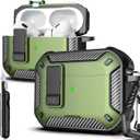 R-fun for AirPods Pro 2 Case with Cleaning Kit,Carbon Fiber Elements Military Drop Proof Auto Pop up Cover, Phone Stand and Magnetic Base with Carabiner Hook Compatible with AirPods Pro 2,Mil Grn