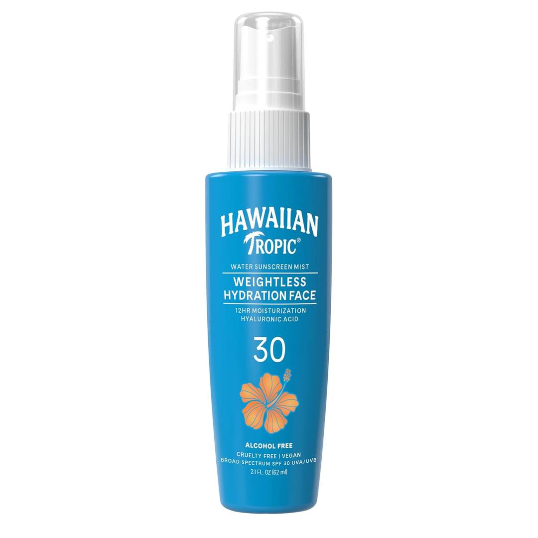 Hawaiian Tropic Weightless Hydration Water Mist for Face SPF 30, 2.1Fl Oz, Travel Size SPF Face Mist Hydrating Spray, Non-Comedogenic Sunscreen Facial Mist, Non-Aerosol Sunscreen Spray, 2.1Fl Oz
