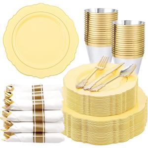 Liacere 350PCS Yellow Plates - Yellow Disposable Plastic Plates With Gold Rim-50Guest Plastic Dinnerware include 100 Plates,50 Pack Pre Rolled Napkins with Silverware 50Cups for WeddingMother's Day