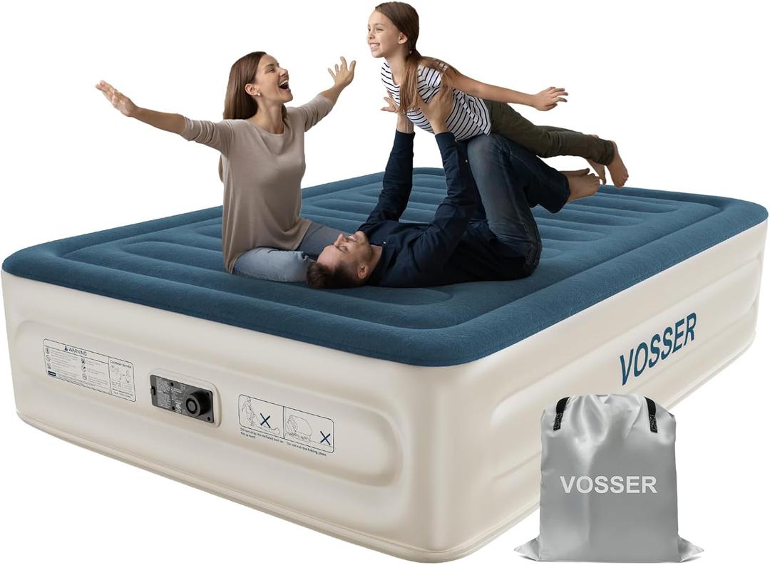 VOSSER Queen Air Mattress with Built-in Pump,18''Fast & Easy Inflation/Deflation Inflatable Mattress, Foldable Blow Up Mattress with Storage Bag, Inflatable Bed for Home, Camping & Guests (Navy Blue)