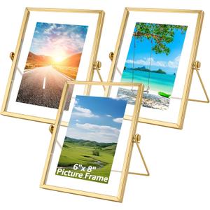 WOPPLXY 6"x 8" Gold Floating Frames, Set of 3 Pressed Glass Floating Frames, Vertical Adjustable Tabletop/Shelf Photo Frame, Gold Floating Picture Frame for 5x7, 4x6, 3x5 Photo Tabletop Display