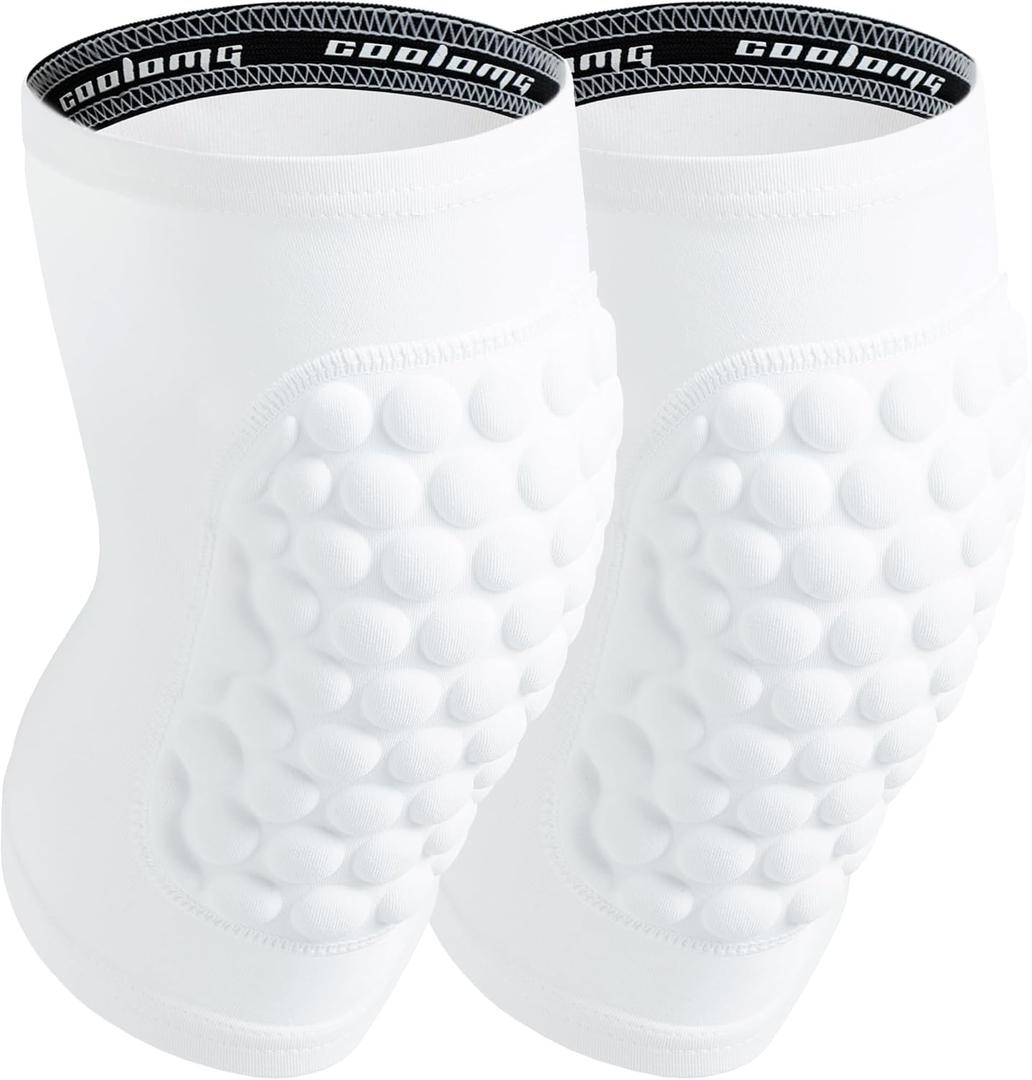 COOLOMG Basketball Knee Pad for Kids Youth Adult, Compression Anti-slip Knee Sleeve for Baseball Volleyball Football, Sports Knee Protector (1 Pair) (Small, White Bubble)