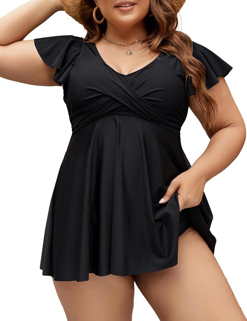 Edelqual Women's Plus Size Tankini Swimsuits Swim Dress Tummy Control Bathing Suits Two Piece High Waisted Swimwear 2025 (5X-Large Plus, Black)