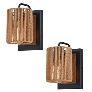 Boho Rattan Wall Sconces Set of Two, Farmhouse Wall Light Fixtures Lighting with Hand Woven Hemp Rope Shade Bedside Wicker Wall Lamp, Wall Mount Light Fixture for Bedroom Living Room Bathroom Stairway