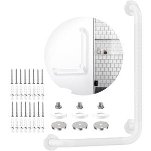 White Angled Grab Bar 16x24 Inch, iHansee Anti-Slip Bathroom Safety Bar w/Knurled Grip, Wall Mounted L-Shaped Shower Handle for Elderly Senior Handicap, Toilet Bathtub Balance Support Handrail