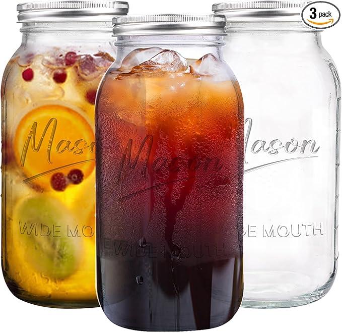 64 oz Mason Jar Wide Mouth,3 Pack Large Half Gallon Mason Jars with Airtight Lid,Big Glass Jars for Canning,Pickling,Fermenting,Storing