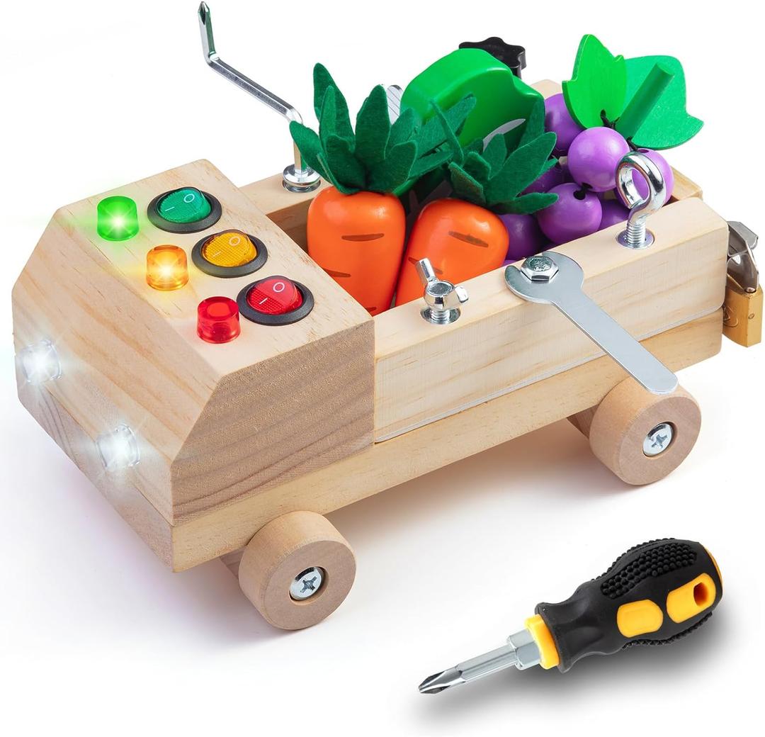 Kids Montessori Busy Board Screwdriver Toys Cars for Toddler 2 3 4 5 Year Old Wooden Tool Set with LED Light Vegetable Toy Sensory Learning Toy STEM Fine Motor Skills Toys for Boys Girls Gift