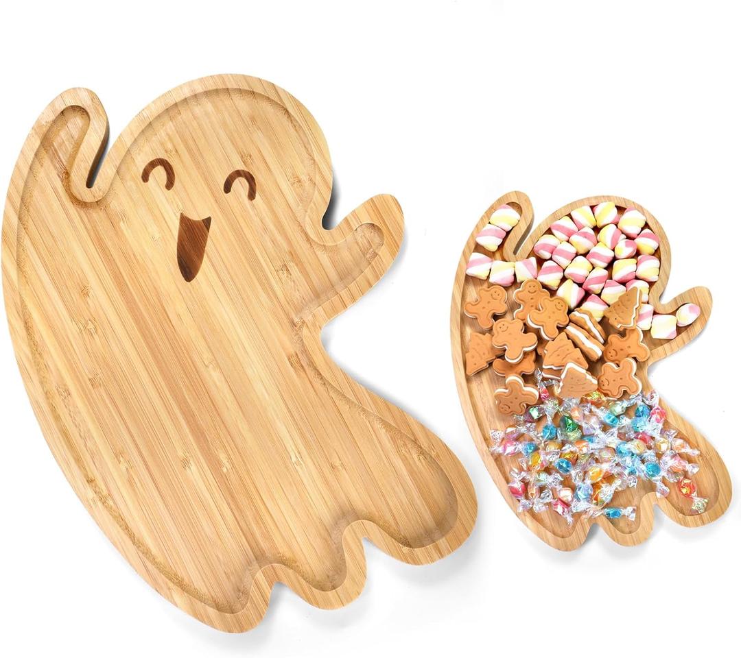 2 x Mezchi Cute Ghost Shape Halloween Charcuterie Board, Decorative Bamboo Serving Platter Tray, Wood Cheese Cutting Board, Charcuterie Tray Plates for Halloween Kitchen Decor, Gifts