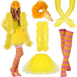 5 Pcs Halloween Bird Costume Adult Women Bird Costume Accessories Bird Mask Yellow Feather Boa Tulle Skirts Striped Thigh High Socks Gloves for Cosplay Party