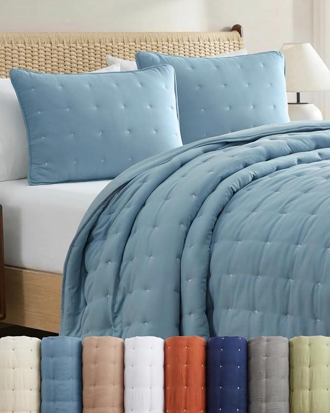 Quilt Set King Size - Lightweight Boho Bed Set - Dust Blue, 106" x 96"
3 Piece Quilt Set, Lightweight Bedspread for All Seasons, Soft, Breathable & Comfy, Summer Quilted Coverlet w/ 2 Pillow Shams