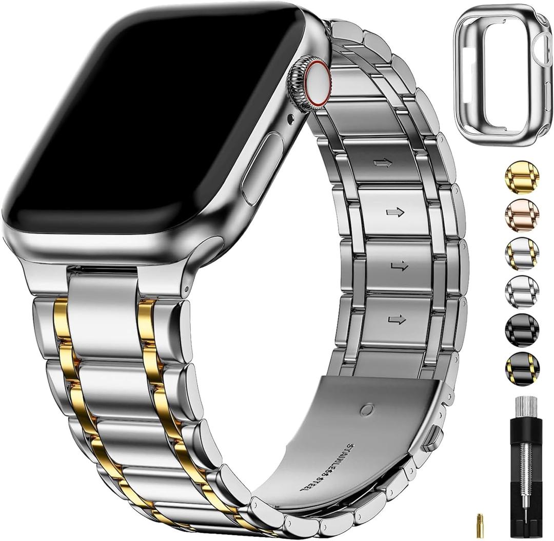Fullmosa Bands Compatible with Apple Watch Band 41mm 40mm 38mm 46mm 49mm 45mm 44mm 42mm, Stainless Steel iWatch Band with Case for Apple Watch Series 11 10 9 8 7 6 5 4 3 2 1 SE3/2/1 Ultra3/2/1, 38mm 40mm 41mm, Silver and Gold