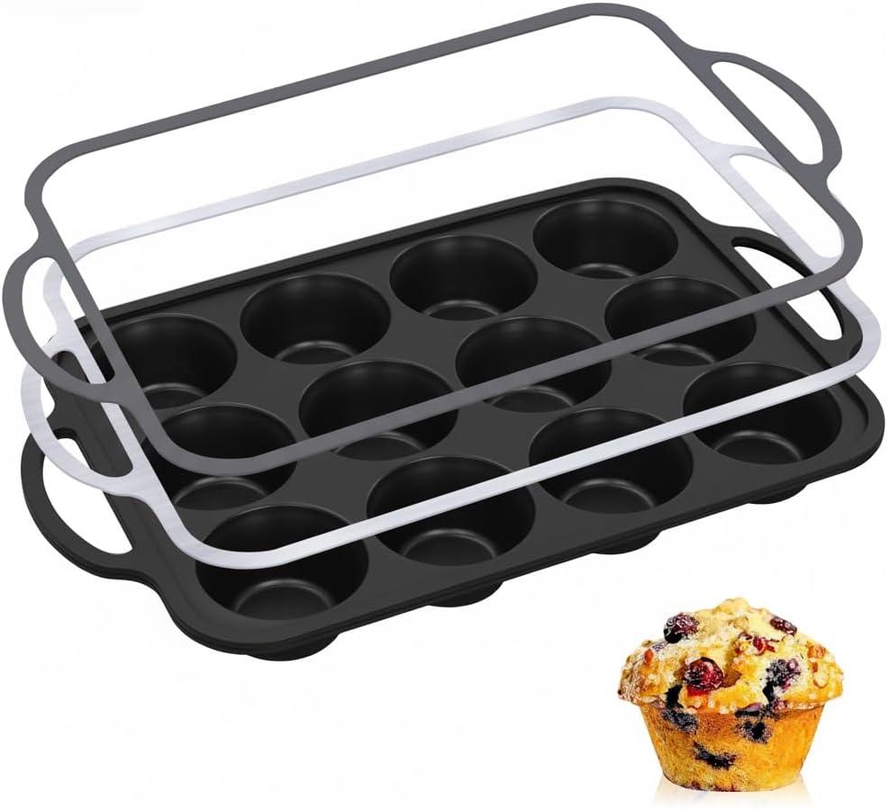 12-Cup Mini Silicone Muffin Pan with Reinforced Steel Frame,Metallic Black | Regular Size Cupcake Pan, BPA Free Silicone Muffin Tray, Reinforced Steel Frame for Stability, Easy Baking & Cleanup, 1Pk