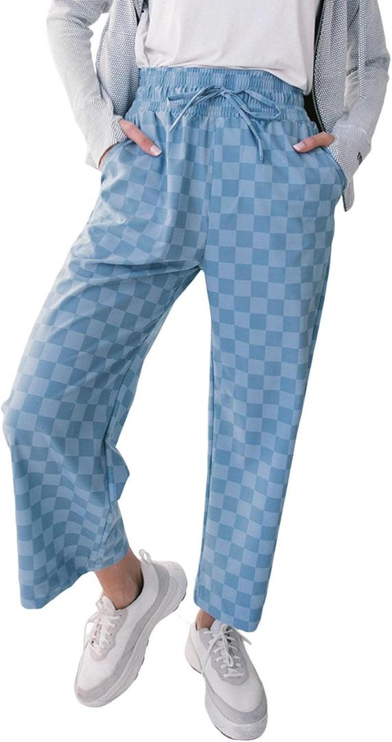 SELINK Women Casual Checkered Elastic High Waist Loose Pajama Pants with Pockets Plaid Straight Wide Leg Soft Daily Trousers (Blue, S)