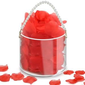 Flower Girl Basket,Wedding Basket with Pearl Handle,Clear Acrylic Basket,with Silk Red Rose Petals, Suitable for Wedding,Party,Home Decorations