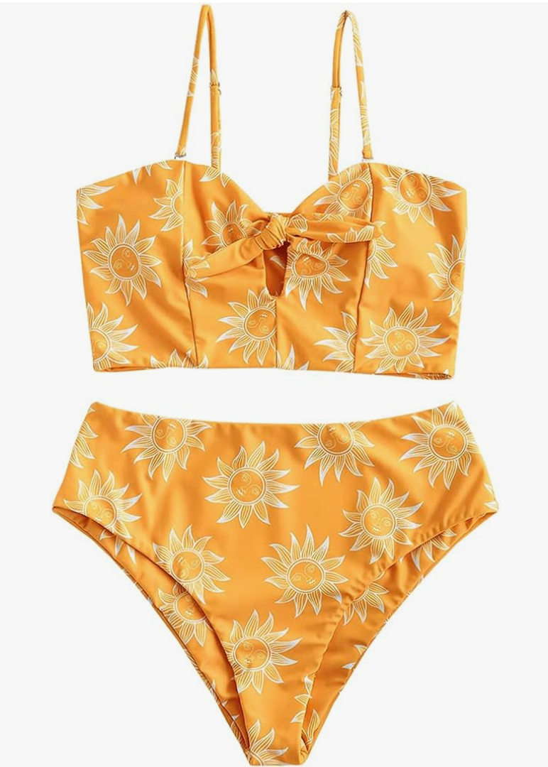 ZAFUL Women Ribbed Keyhole Tied High Waisted Bikini Spaghetti Straps Two Pieces Swimsuit Bathing Suit m
