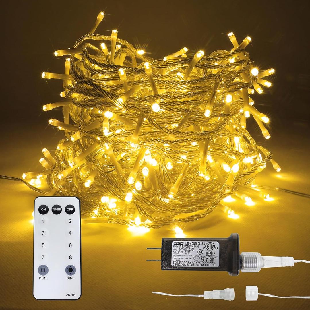 98 FT 300 LED Outdoor Fairy Lights Plug in Connectable Clear Wire with Remote Control, Waterproof String Lights with Timer Twinkle Lights for Bedroom Garden Party Wedding Christmas, Warm White