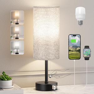 Grey Bedside Lamp for Bedroom Nightstand - Small Table Lamp with USB A + C Charging Port, 3 Color Temperatures Pull Chain Night Stand Light for Kid, Side Table Reading Lamp - Dorm Room Essentials