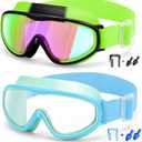 Vvinca Kids Goggles with Comfort Fabric Strap, Kids Swim Goggles Wide View Anti-Fog/UV No Leaking Swimming Goggles for 3-14 (01-green & Blue)