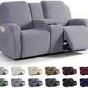 KinCam Loveseat Recliner Covers with Middle Console Slipcover, Recliner Sofa Covers 2 Seat Couch Cover Stripe Jacquard Furniture Protector Covers with Elastic Bottom for Kids, Pets (Light Gray)