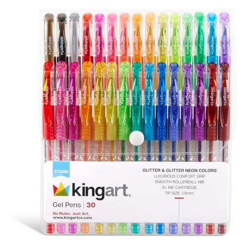 KINGART GLITTER Rollerball GEL PENS, 30 Sparkling Colors with Soft-Grip Comfort, XL Ink Cartridge - For Coloring, Doodling, Scrapbooking, Journaling and General Use, All Ages, 30 Pens