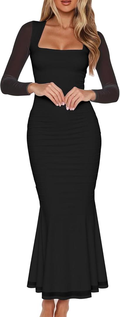 BORIFLORS Women's Ruched Bodycon Long Sleeve Maxi Dress Mesh Square Neck Cocktail Party Long Dresses (Black, M)