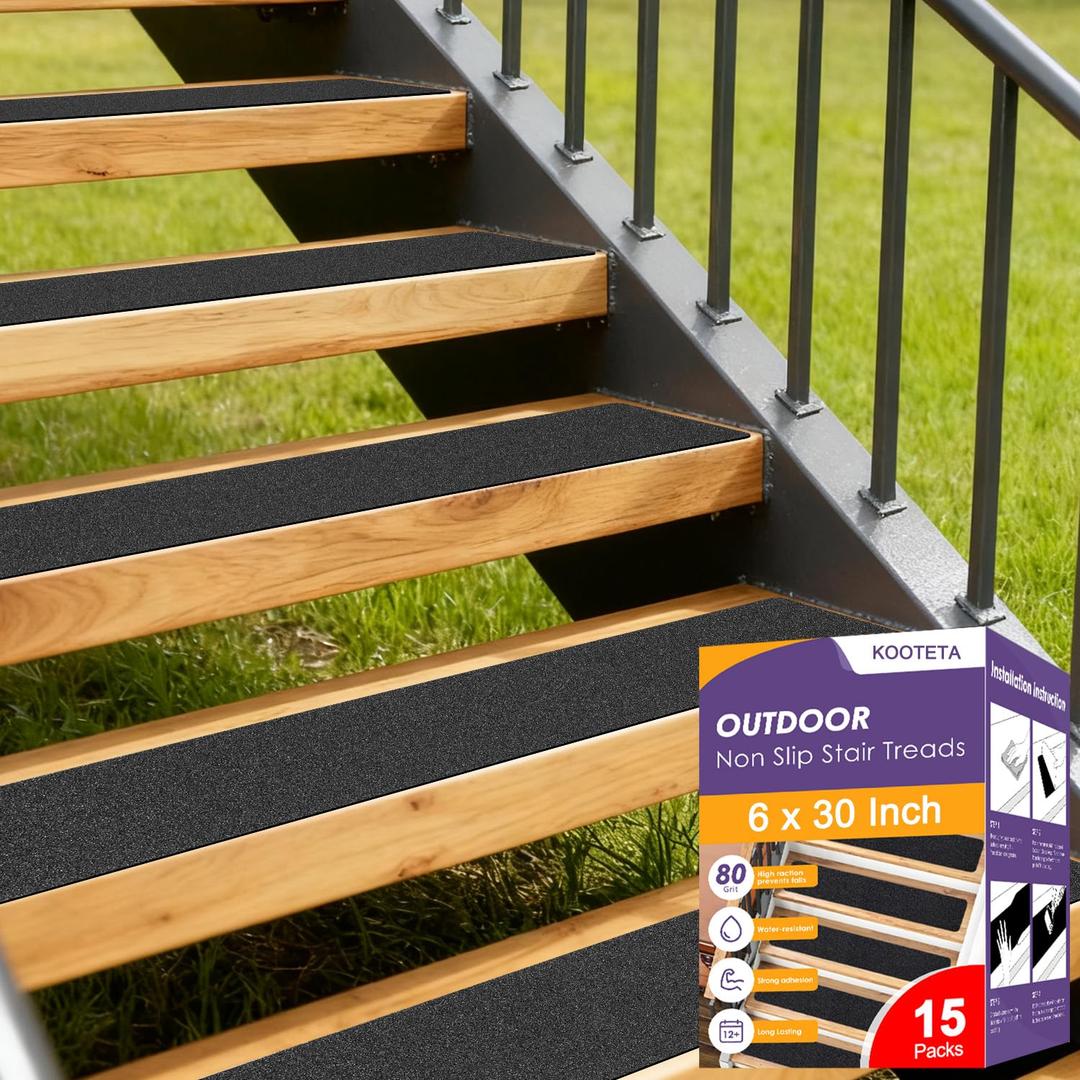 Outdoor Stair Treads for Wooden Steps Non Slip,KOOTETA 15 Pack 6" x 30"Anti Slip Tape for Stairs,Waterproof Weather Resistant Grip Tape,80-Grit High Traction Adhesive Non Slip Stair Treads,Black
