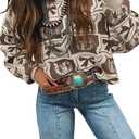 Women's Pullover Sweater Western Print Knit Tops Boho Drop Shoulder Brown Bows & Horseshoes (Large)