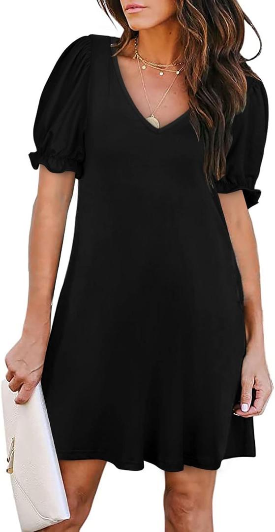 Aloodor Women's Casual Dresses Short Sleeve V-Neck Dress with Pockets (Black, XL)