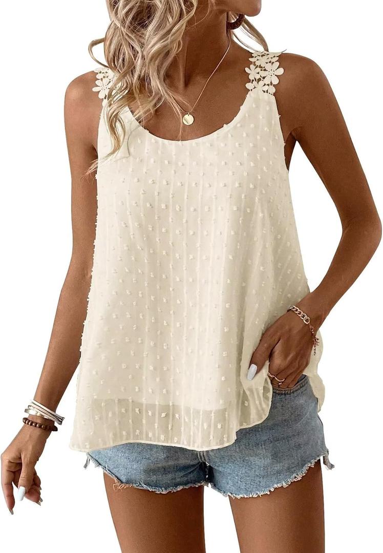 Womens Tank Tops Flowy Sleeveless Summer Boho Tank Top for Women Casual Crewneck Strap Lace Camisole Shirts (Small, Apricot)